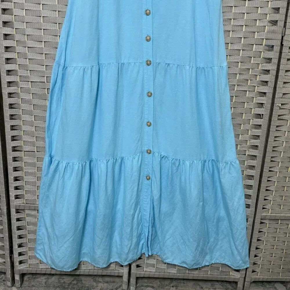 Loft Tiered Linen Blend Sundress Women’s Size 14 Aqua Blue Button Front Midi EUC